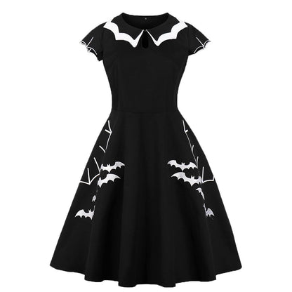 Wellwits Women's Bat Spider Web Embroidery Halloween Vintage Dress Black 3XL Plus