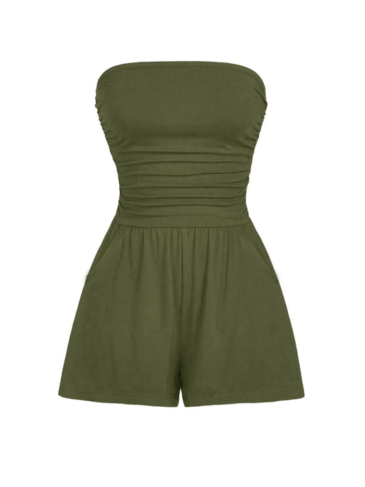 AUXDIO Women Summer Casual Strapless Romper Sleeveless Off Shoulder Short Jumpsuits 2026 Beach Vacation Clothes