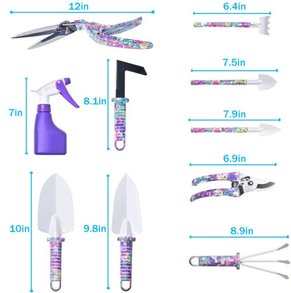 Gardening Tools, LEKEONE 10 Pieces Garden Tools with Floral Print, Ergonomic Handle Trowel Rake Weeder Pruner Shears Sprayer,Gardening Supplies with Carrying Case Gifts for Women