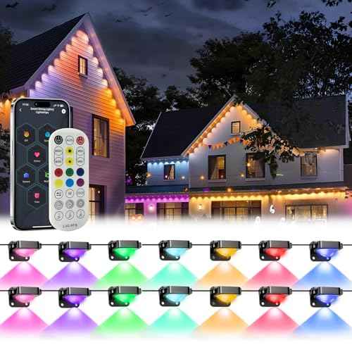 Permanent Outdoor Lights Pro,50ft with 30 LED RGB IC Smart Eave Light for Outdoor Decorations,IP67 Waterproof with Remote/App Control,DIY LED Scenes Modes for House Roof Decor, Black