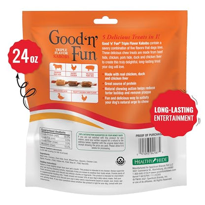 Good ‘n’ Fun Triple Flavor Kabobs Chews for All Dogs, 24 Ounces, Treat Your Dog to Chews Made from Beef Hide, Real Chicken, Pork Hide, Duck and Chicken Liver