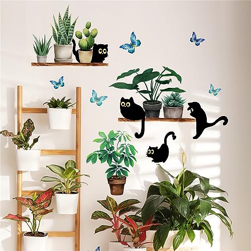 Green Potted Plant Cute Black Kitten Wall Stickers, sacinora Cat Cartoon Animal DIY Wall Decals Removable Vinyl Peel and Stick for Living Room Children's Room Bedroom Kitchen Decorations