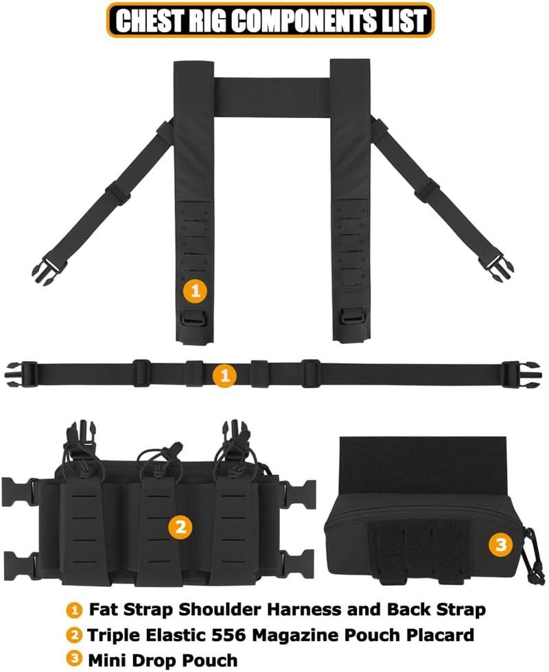 KRYDEX Tactical Chest Rig - Triple Elastic 556 Magazine Pouch with GP & Mini Drop Pouch | Adjustable Harness