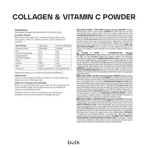Bulk Collagen Powder with Peptides and Vitamin C | Hydrolysed Bovine Collagen | High-Protein Supplement for Use in Smoothies, Shakes & Recipes | Joint & Skin Routine | Unflavoured | Easy Mixing | 500g