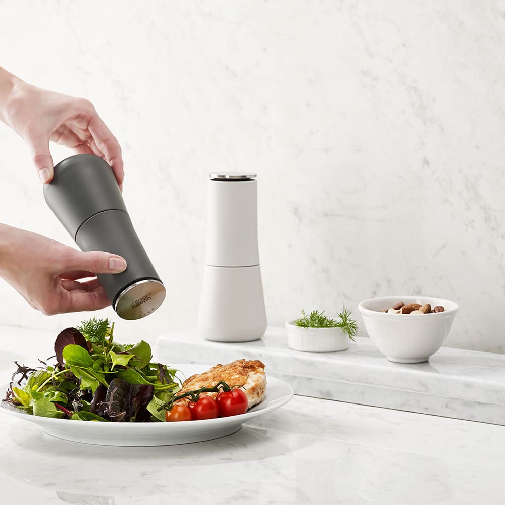 Joseph Joseph Milltop Non-Spill Salt and Pepper Mill Set Refillable with Ceramic Grinding, White/Grey, 24