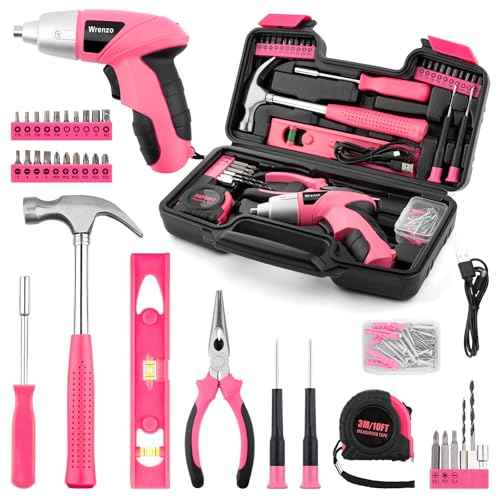Drill Set, Cordless Drill, Small Tool Kit, 112pc 3.6V USB Tool Set, Tool Kit for Dorm, Cordless & Rechargeable, Pink Home Toolbox for Women, DIY Toolbox