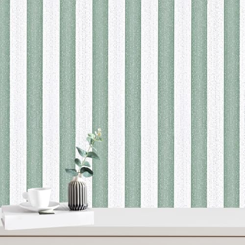 Striped Sage Green Wallpaper Peel and Stick Boho Silver Stripe Textured Contact Paper 15.7"x118" Self Adhesive Removable Waterproof Vinyl Wallpaper for Bedroom,Cabinets,Drawer Liners