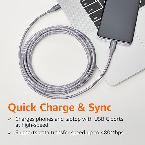Amazon Basics USB-C to USB-C 2.0 Fast Charger Cable, Nylon Braided Cord, 480Mbps Speed, USB-IF Certified, for Apple iPhone 16/15, iPad, Samsung Galaxy, Tablets, Laptops, 10 Foot, Silver