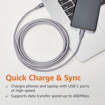 Amazon Basics USB-C to USB-C 2.0 Fast Charger Cable, Nylon Braided Cord, 480Mbps Speed, USB-IF Certified, for Apple iPhone 16/15, iPad, Samsung Galaxy, Tablets, Laptops, 10 Foot, Silver