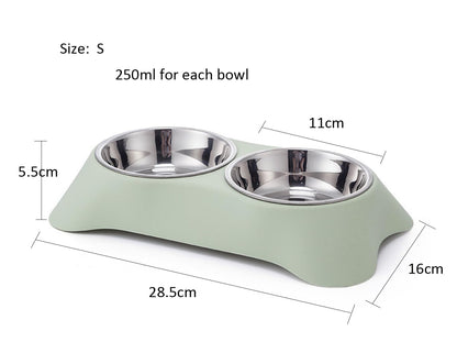 Double Dog Bowl,Non Slip Non-spill Stainless Steel Double Bowl with 1 Pet Food Spoop For Small Dogs and Cats (Green, S)