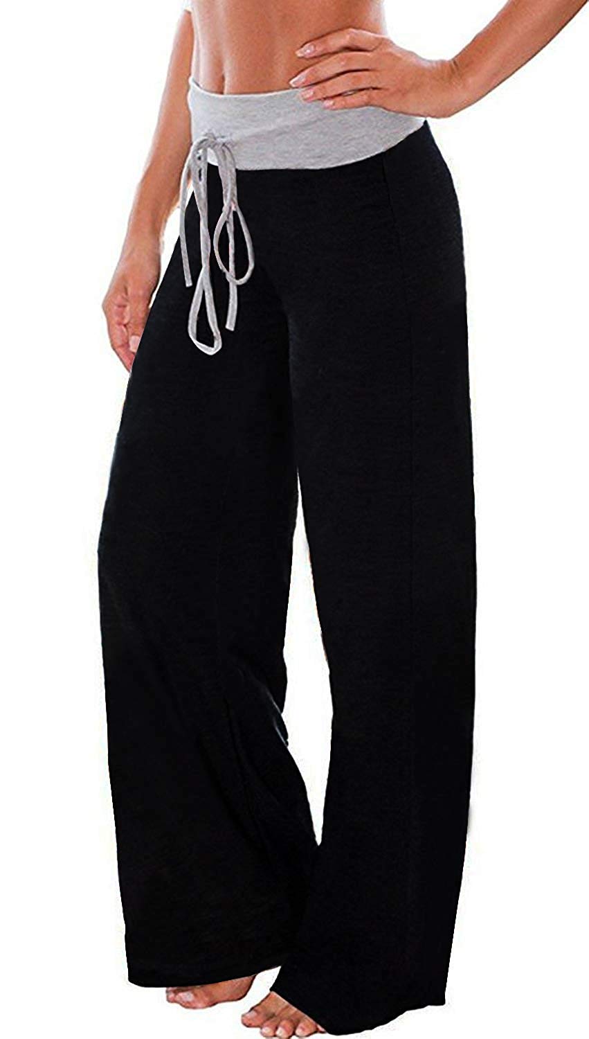 AMiERY Womens Pajamas Pants Solid Juniors Wide Leg Palazzo High Waisted Jogger Pants Sleep Lounge Pants Black M