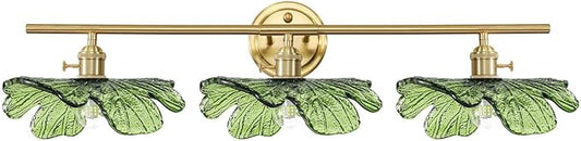 3 Light Bathroom Lighting fixtures Over Mirror, Gold brass Wall Sconce Vintage Bathroom Vanity Light Green Glass Wall Sconce mid Century Modern Wall lamp Art Deco Vanity Lights for Living Room Bedroom