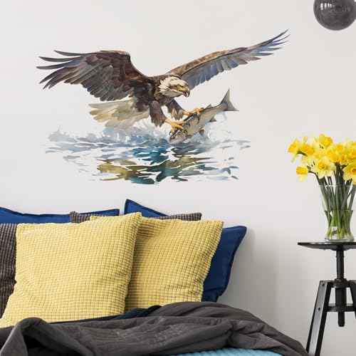 Eagle Wall Decals Removable Raptor Catching A Fish Vinyl Stickers for Nursery Living Room and Kids Playroom Watercolor Bird Decor Peel and Stick Wall Art
