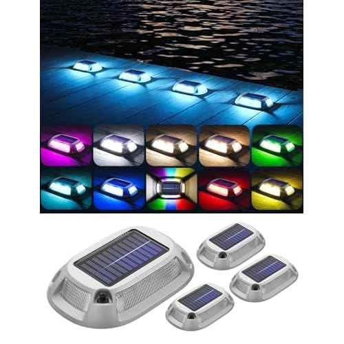 4Pack Aluminum Alloy Solar Driveway Lights, IP68 Solar Deck Light Marine Dock Lights Outdoor Waterproof, Multi-color LED Driveway Markers for Walkway, Path Decor [12Modes - Strobe/RGB/Fix-color]