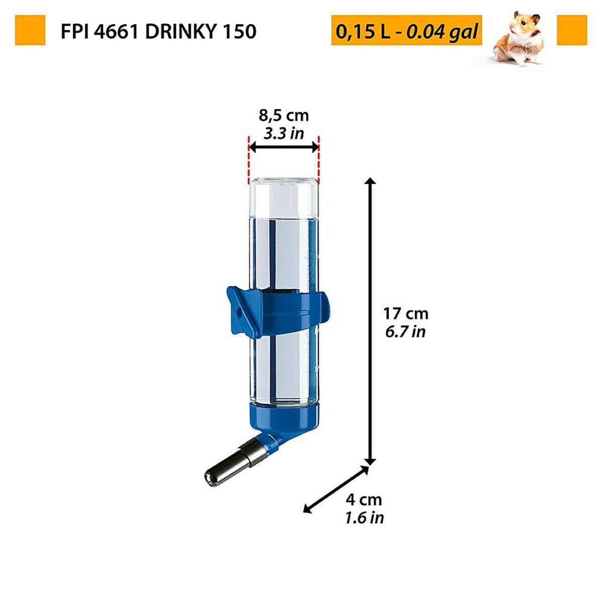 Water Dispenser for Hamsters and Rodents FPI 4661 DRINKY, 150 cc, Suitable for Mesh Cages, Mixed Colours