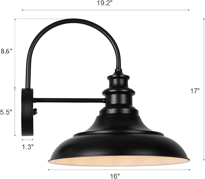 Dusk to Dawn Sensor Outdoor Barn Light Fixture, 16 Inch Dome Farmhouse Outdoor Wall Sconce, Rustic Gooseneck Exterior Wall Mount Light, Industrial Black White Wall Lantern for Porch, 1 Pack