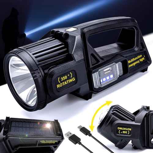 Rechargeable Spotlight Outdoor Handheld, 2,000,000L High Lumens Led Spot Light Flashlight with Solar Panels, 9 Modes Waterproof Handheld Spot Light for Outdoor Marine Boating Hunting