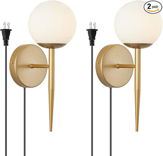BOKT Mid Century Modern Globe Wall Sconce Set of Two Plug in Cord Brushed Gold Bathroom Wall Sconce Light Set of 2 Plug in Frosted White Glass Bedroom Plug in Wall Lamp (White)