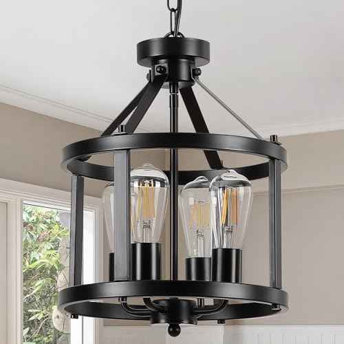 Black Farmhouse Chandelier, 4-Light Pendant Lights Over Kitchen Island, Industrial Chandelier Ceiling Hanging Light Fixtures for Entryway Dining Room Foyer Hallway Living Room, Adjustable Height