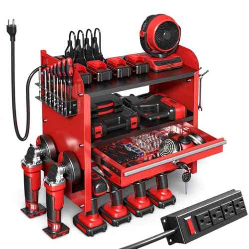 KSVO Power Tool Organizer Wall Mount with Drill Rack & Locking Drawers - Heavy Duty Metal Tool Shelf for Garage, Workshop, Shed, Basement Tool Organization - Gift for Men/Father (Red)