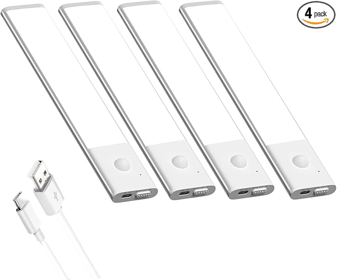 Diomart Under Cabinet Lights Wireless, 30-LED Motion Sensor LED Closet Light Rechargeable, Motion Sensor Light Indoor Stick on Under Counter Lights for Kitchen, Stairs, 4 Pack