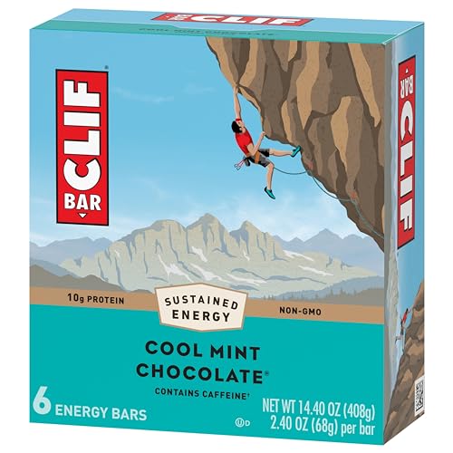 CLIF BAR - Cool Mint Chocolate with Caffeine - Made with Organic Oats - 10g Protein - Non-GMO - Plant Based - Energy Bars - 2.4 oz. (6 Pack)