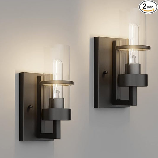 Tipace Black Hardwired Wall Sconces Set of 2,Modern Bathroom Vanity Sconces Wall Lighting with Clear Glass Shade,Farmhouse Wall Mount Lights for Mirror Bedroom Living Room Hallway Kitchen