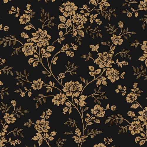 Cohoo Home Black Gold Peel and Stick Wallpaper Floral Flower Gold Contact Paper for Cabinets Mural Moody Vintage Self-Adhesive Removable Wallpaper for Bedroom Bathroom Waterproof Dark 17.3inW 78.7inL