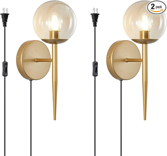 BOKT Vintage Brushed Gold Plug in Cord Wall Sconce Set of Two Mid Century Modern Globe Wall Sconce Lighting Plug in Set of 2 Vanity Bathroom Bedroom Bar Wall Lamp Plug in (Amber)