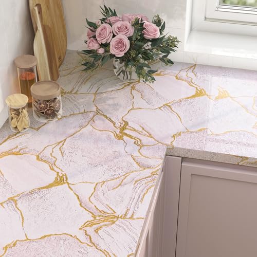 LACHEERY Pink and Gold Marble Contact Paper for Countertops Waterproof Glossy Pink Marble Wallpaper Peel and Stick Countertops Kitchen Vinyl Wrap for Countertop Cabinets Counter Top Covers 15.8"x79"