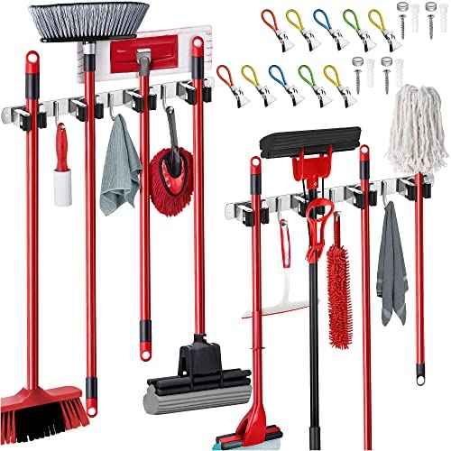 2 Pack Mop and Broom Holder Wall Mount ? Self-Adhesive Stainless Steel broom hanger organizer ? 4 Clamps, 3 Hooks ? Holds Up to 40 Lbs