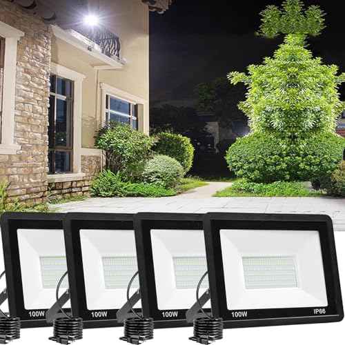 4 Pack 100W LED Flood Light Outdoor,10000LM Bright Work Spotlight Plug in,6000K Daylight White,IP66 Waterproof Exterior Security Floodlights for Yard,Garden,Backyard,Patio,Stadium,Parking Lot