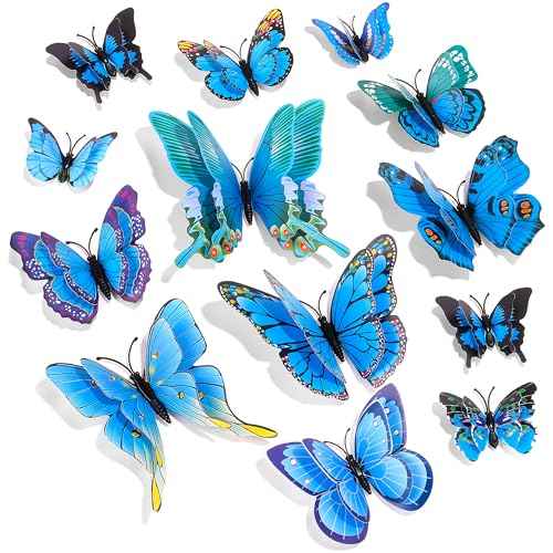 SAOROPEB 3D Butterfly Wall Decor, 24 Pcs Double Layer Butterfly Decorations for Party Decorations Locker Decor Refrigerator Decal, Reusable (Blue)