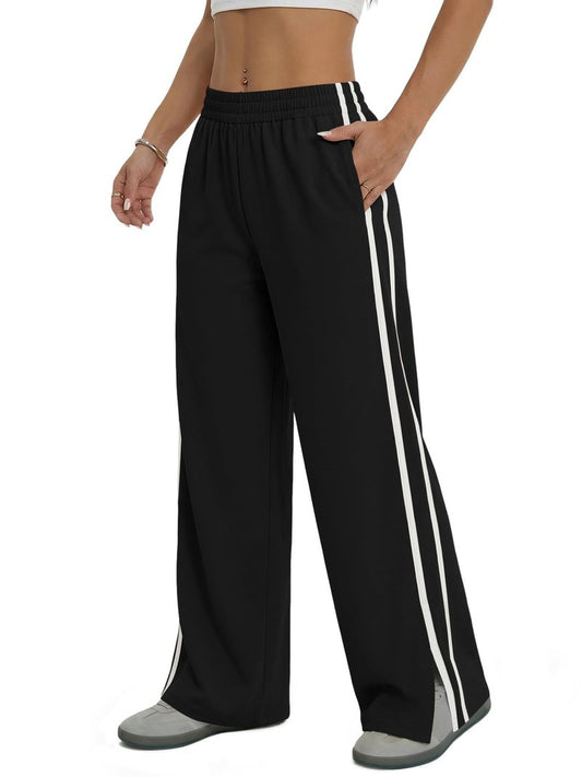Fisoew Womens Wide Leg Pants Casual Baggy Elastic Waist Side Slit Contrast Stitch Loose Workout Sweat Pants with Pockets Black