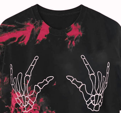 Avanova Women Tie Dye Skull Graphic Oversized Tees Vintage Skeleton Hands Loose Fit T Shirt Black Red X-Large