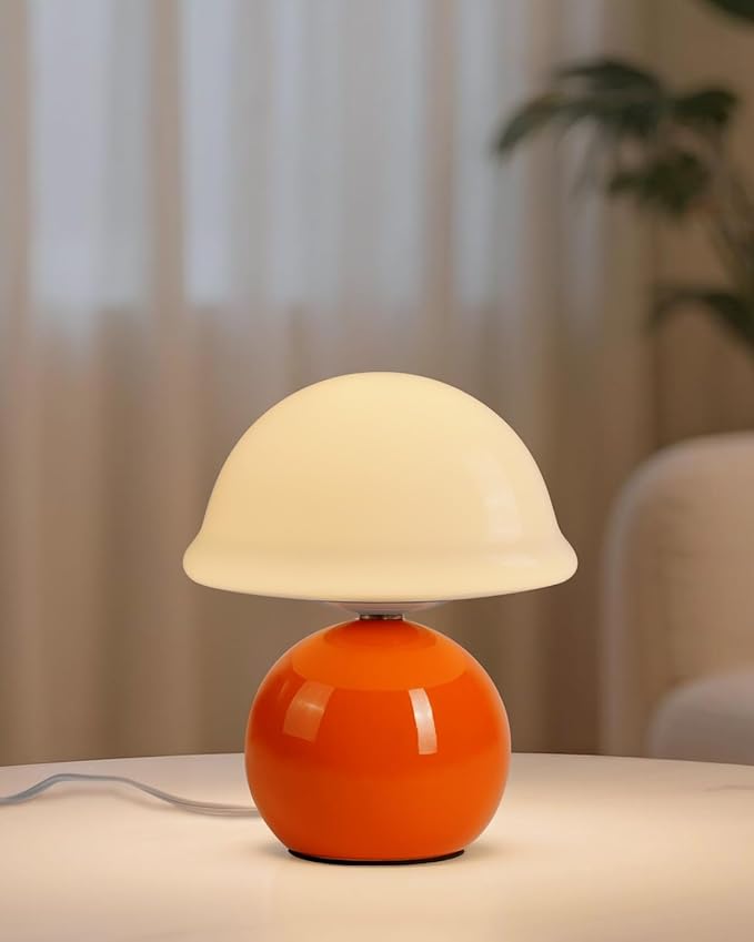 Mushroom Lamp Bedside Table Lamp for Bedroom, Cute Small Lamps with Glass Lampshade, Nightstand Lamp with Dimmer for Living Room Kitchen Apartments Offices Desk Shelves (Orange)