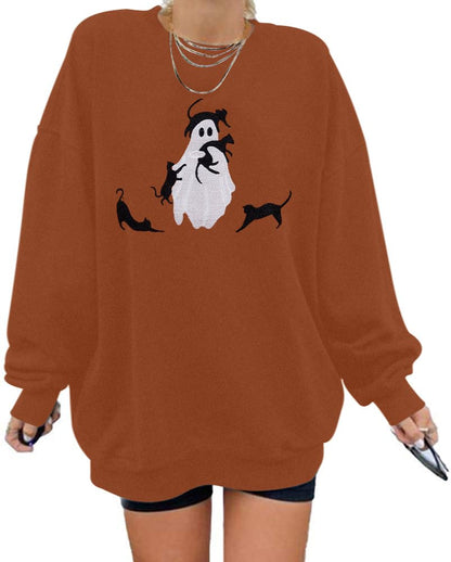 LUKYCILD Halloween Spooky Season Sweatshirt Women: Oversized Black Cat Ghost Sweatshirts Fall Embroidered Pullover Top