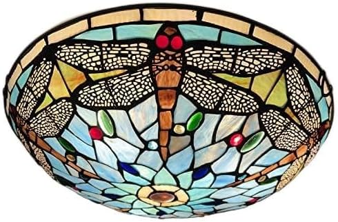 ARTZONE Tiffany Ceiling Lights, Stained Glass Ceiling Light 3-Lights 16 Inch Tiffany Flush Mount Ceiling Light Fixture for Bedroom Dining Living Room Entryway Foyer(Brown Dragonfly)