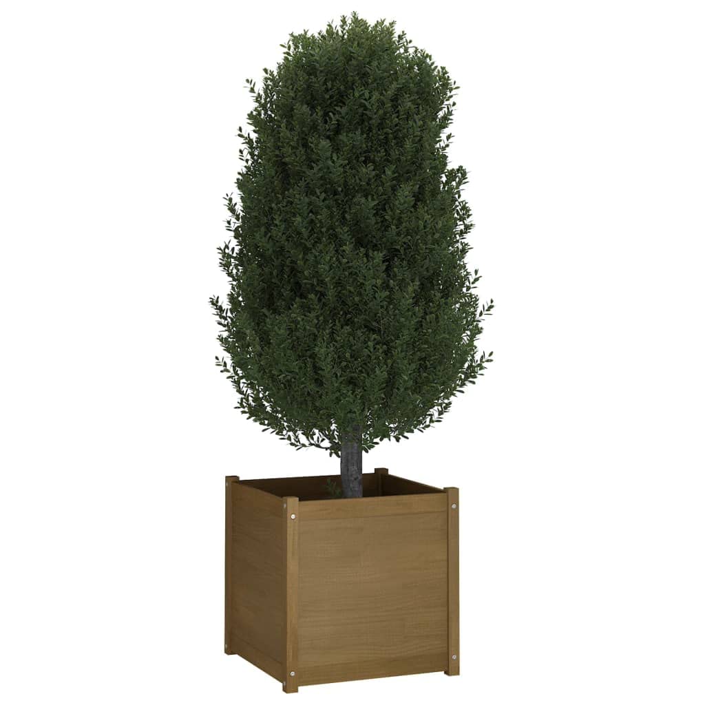 Kalmrek Garden Planter Large Solid Pine Wood Honey Brown Rustic Finish Square Container for Outdoor Balcony Patio Raised Flower Herb Display