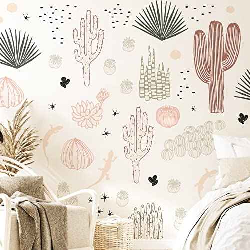 Boho Cactus Wall Decals Peel and Stick Bohemian Cactus Wall Stickers Removable Watercolor Cactus Wall Stickers Decor for Classroom Bedroom Living Room Nursery Playroom