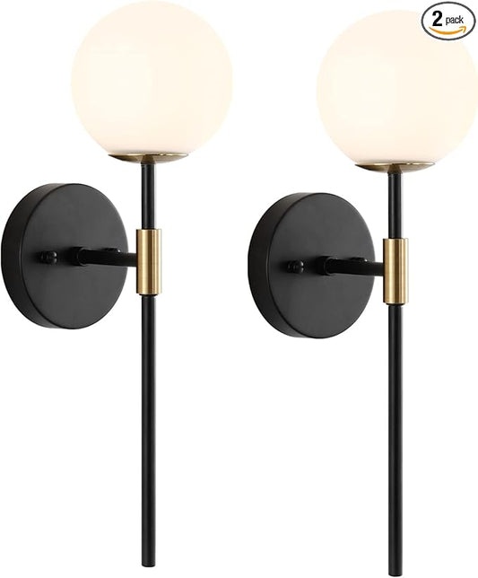 Industrial Mid Century Wall Sconce Set of 2 with White Globe Glass Shades Modern Bathroom Vanity Wall Lamp Black and Gold Finished Wall Light Fixture