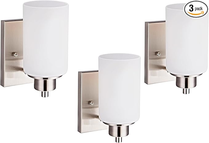 3 Pack Modern Bath Vanity Light Fixture 1-Light, Indoor Bathroom Wall Sconces for Living Room, Porch, Bedside, Brushed Nickel Finish with White Frosted Glass Shades Wall Mounted Lights