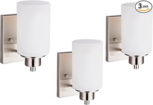 3 Pack Modern Bath Vanity Light Fixture 1-Light, Indoor Bathroom Wall Sconces for Living Room, Porch, Bedside, Brushed Nickel Finish with White Frosted Glass Shades Wall Mounted Lights