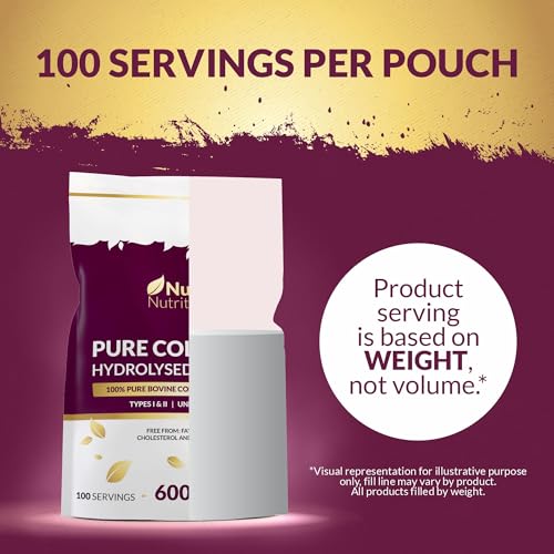 Collagen Powder 600g Large Pouch - 100 Servings - Premium Type I & II Bovine Collagen Peptides Hydrolysate Supplement Gold Edition - 3+ Month Supply - Unflavoured - Nu U Nutrition