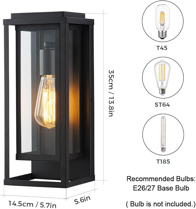 Cerdeco 14” Modern Outdoor Wall Sconce with Rectangular Metal Frame and Transparent Glass Shade,Black Outdoor Lighting for Garage Porch Patio Pack of 2