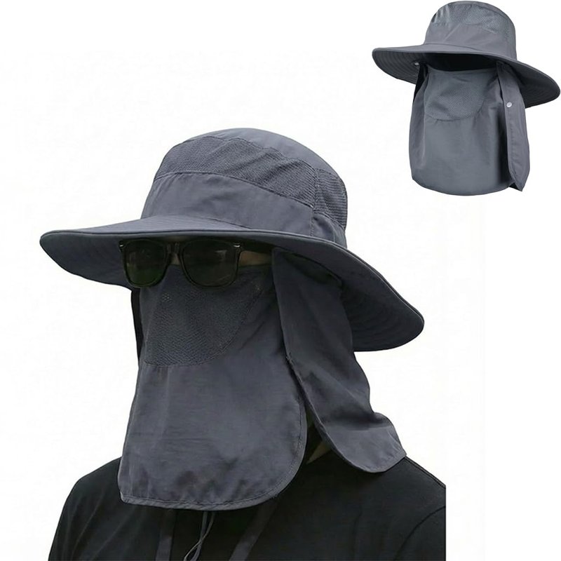 Sun Hat Bucket Hats for Men Women,Outdoor Wide Brim Fishing Hat with Detachable Face Cover & Neck Flap UV Protection Khaki