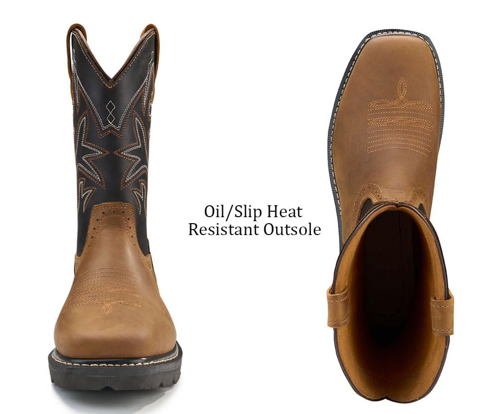 SUREWAY Western Boots - Men’s Square Toe Work Boot,Pull On Leather Wellington Boots,Durable Classic Slip Resistant Soft Toe Cowboy Boot