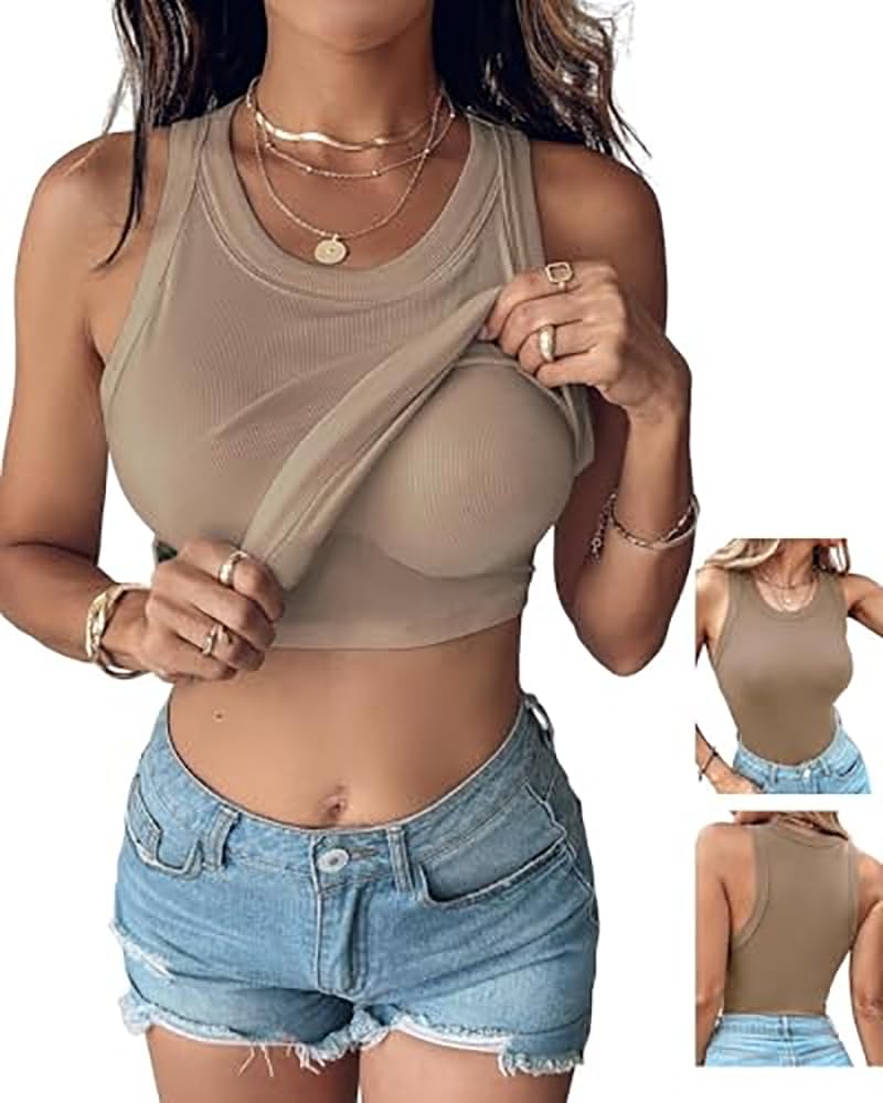 CHICME Tank Tops with Built in Bras Athletic Tank Tops for Women Ribbed Tank Top Running Tops Khaki-M