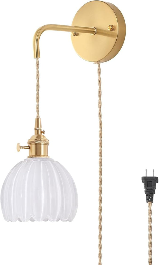Vintage Wall Sconce with White Tulip Glass Shade Hanging Wall Sconce with 4.9FT Plug in Cord, Modern Wall Lamp Fixtures Decor for Bedside Bedroom Indoor Doorway