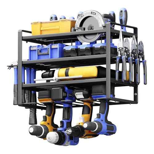 Heavy-Duty 4-Layer Power Tool Organizer Wall Mount ? Metal Storage Rack for Garage & Workshop with Cordless Drill Holder, Air Tool Rack, and Shelves for Screwdrivers, Pliers & Hammers